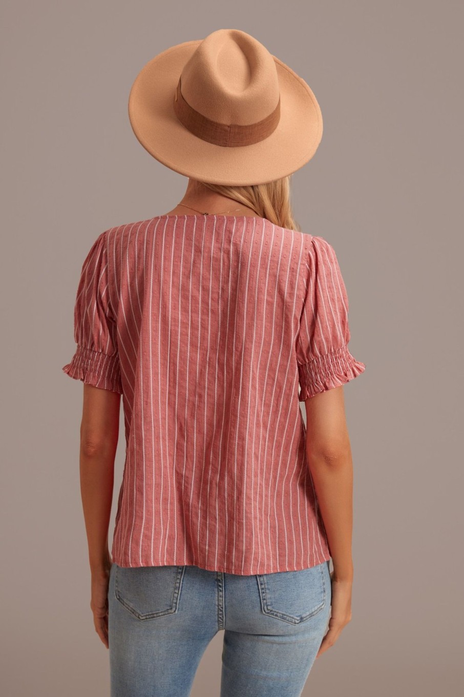 Hot Stripe Square Neck Short Sleeve Smocked Blouse Rust