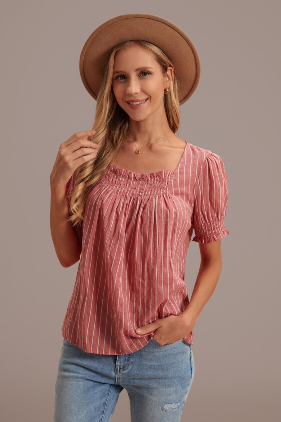 Hot Stripe Square Neck Short Sleeve Smocked Blouse Rust