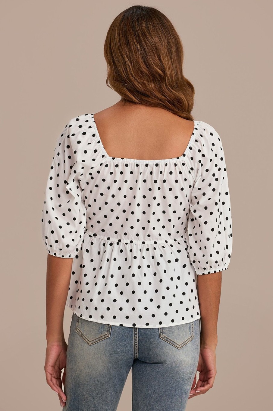 Best Square Neck Half Sleeve Polka Dots Blouse White