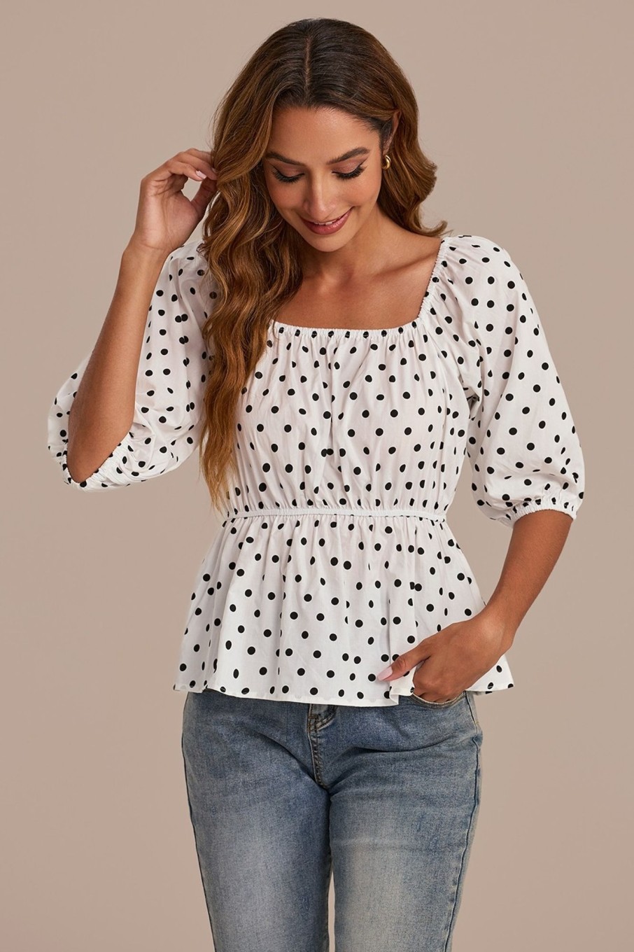 Best Square Neck Half Sleeve Polka Dots Blouse White