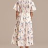 Hot Short Sleeve V Neck Smocked Tiered Midi Dress White