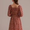 Online Long Sleeve Square Neck Flare Cuffs Smocked Midi Dress Red