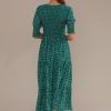 Hot Floral Short Sleeve Round Neck Smocked Tiered Midi Dress Green