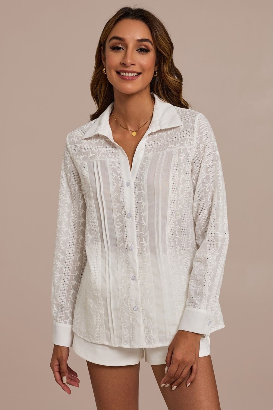 Online Eyelet Textured Long Sleeve Collared Top Ivory