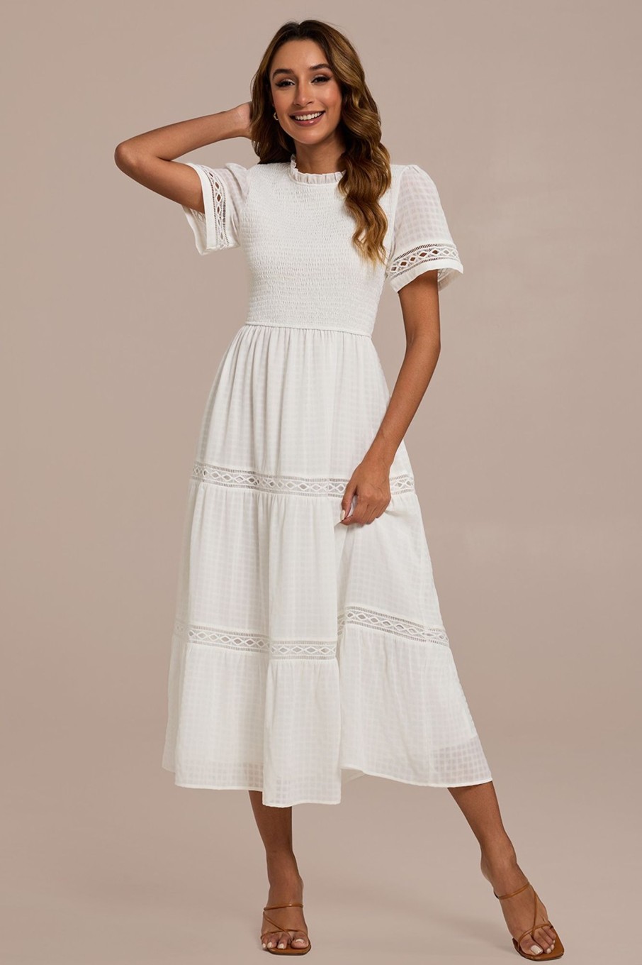 New Short Sleeve Ruffle Neck Smocked Tiered Maxi Dress White