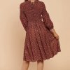 Clearance Floral Cute Shirring 3/4 Length Sleeve Round Neck Spring Fall Midi Dress Brown