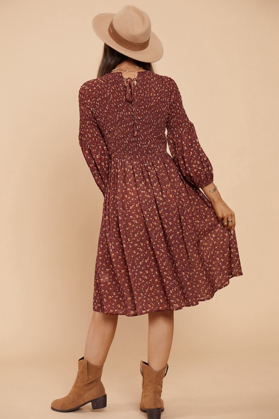 Clearance Floral Cute Shirring 3/4 Length Sleeve Round Neck Spring Fall Midi Dress Brown