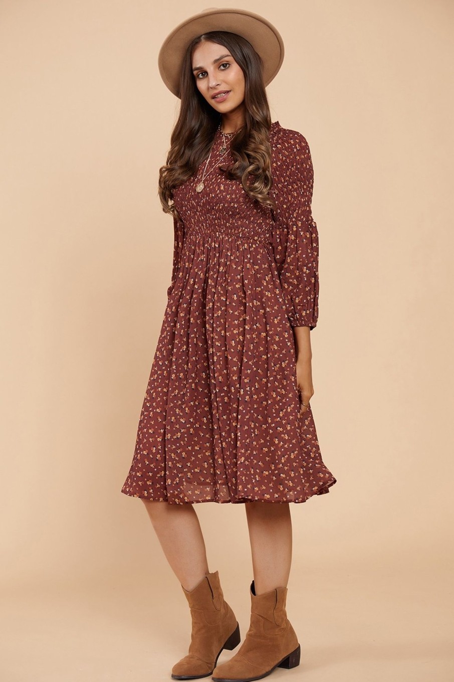 Clearance Floral Cute Shirring 3/4 Length Sleeve Round Neck Spring Fall Midi Dress Brown