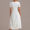 Online Short Sleeve Round Neck Smocked Midi Dress White