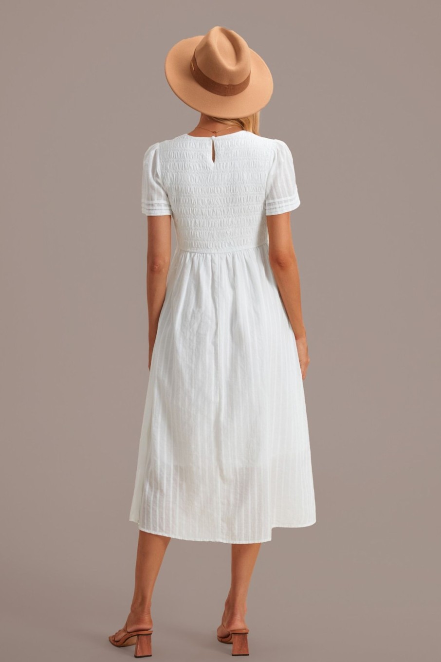 Online Short Sleeve Round Neck Smocked Midi Dress White