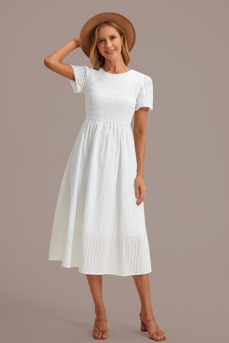 Online Short Sleeve Round Neck Smocked Midi Dress White