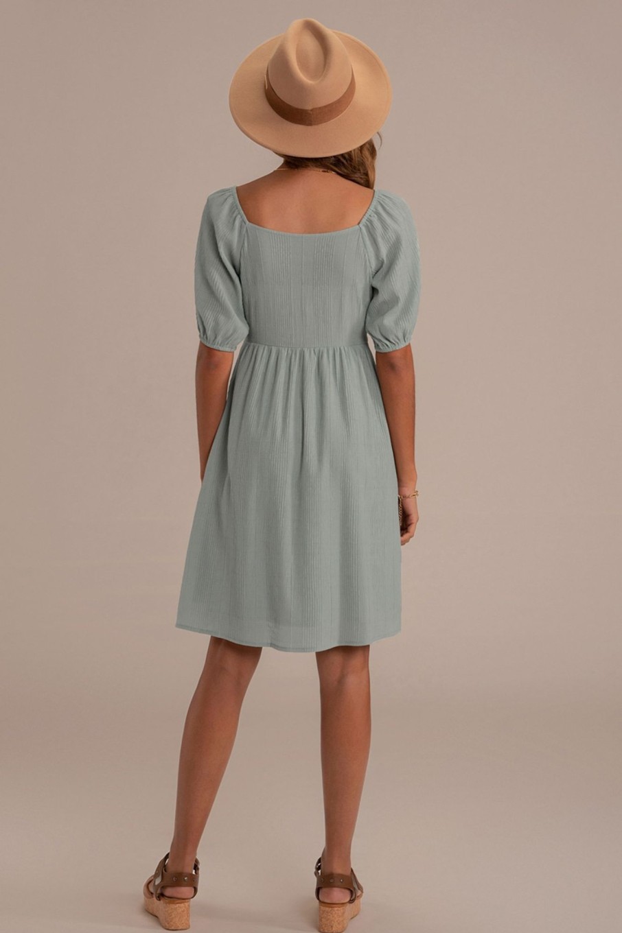 Clearance Short Puff Sleeve Round Neck Midi Dress Sage