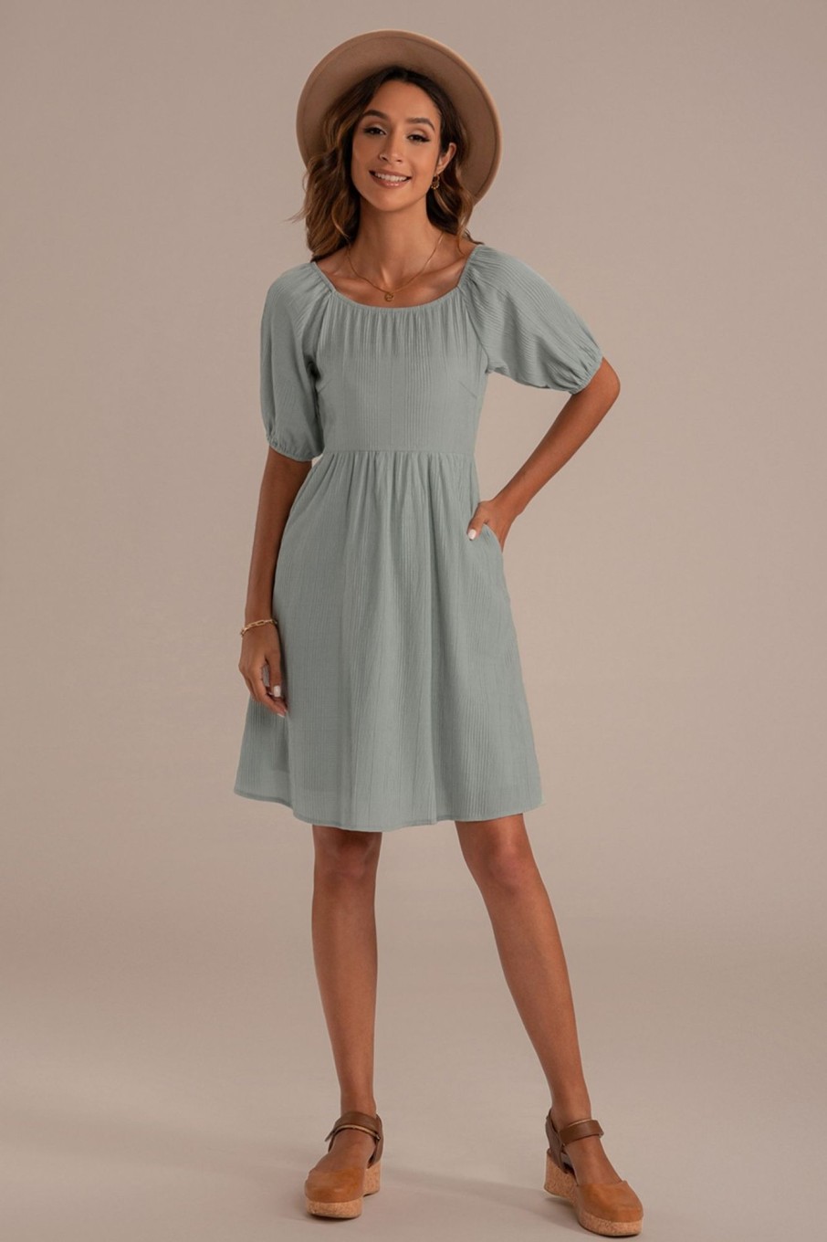 Clearance Short Puff Sleeve Round Neck Midi Dress Sage