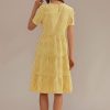 New Plaid Short Sleeve Round Neck Tiered Cotton Midi Dress Yellow