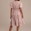 New Tiered Ruffled Short Sleeve V Neck Swiss Dots Midi Dress As Picture