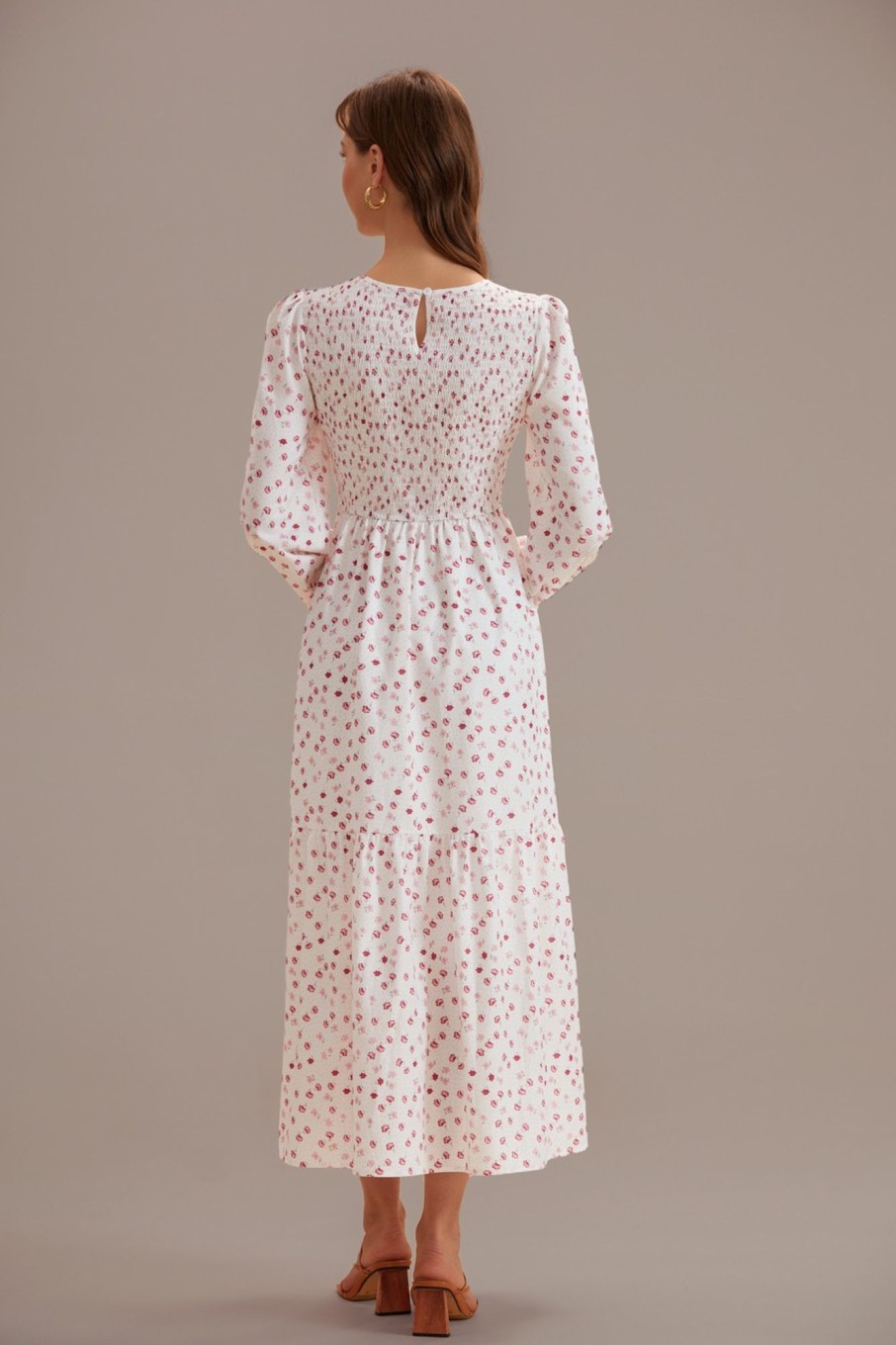 Best Floral Long Sleeve Round Neck Smocked Tiered Maxi Dress Ivory