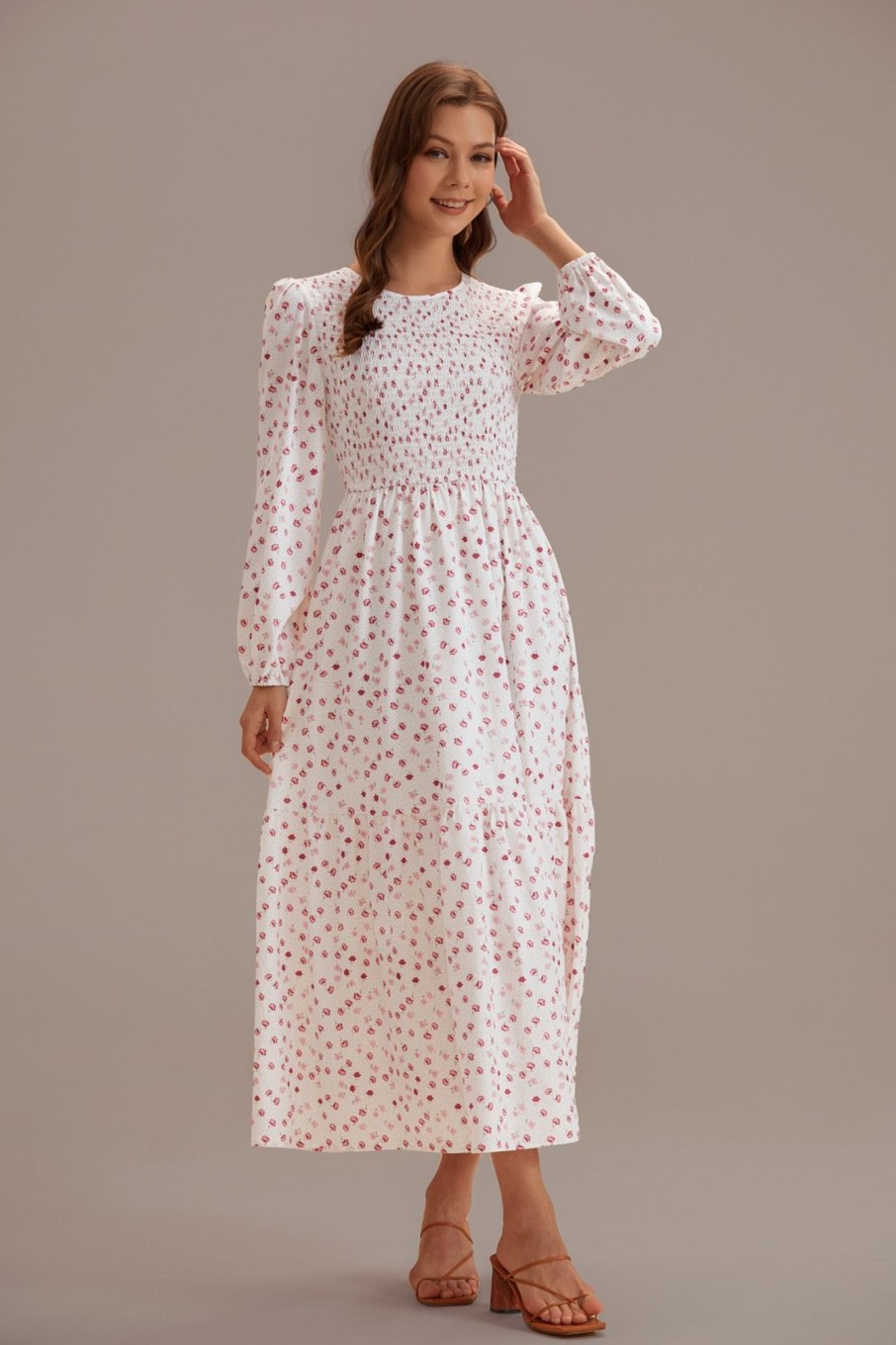 Best Floral Long Sleeve Round Neck Smocked Tiered Maxi Dress Ivory