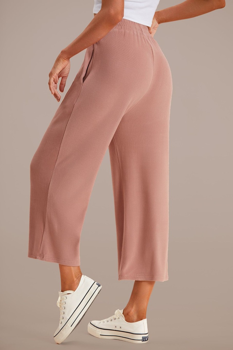 New Drawstring Waist Wide Leg Pants Taupe