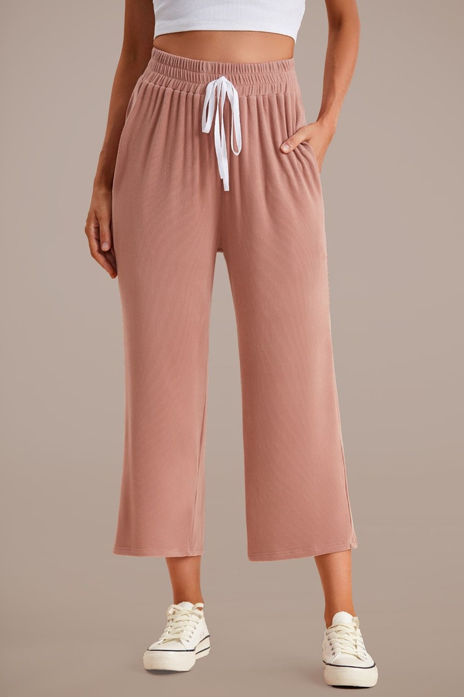 New Drawstring Waist Wide Leg Pants Taupe