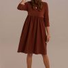 Best 3/4 Length Sleeve Round Neck Natural Stripe Midi Mom Dress With Pocket