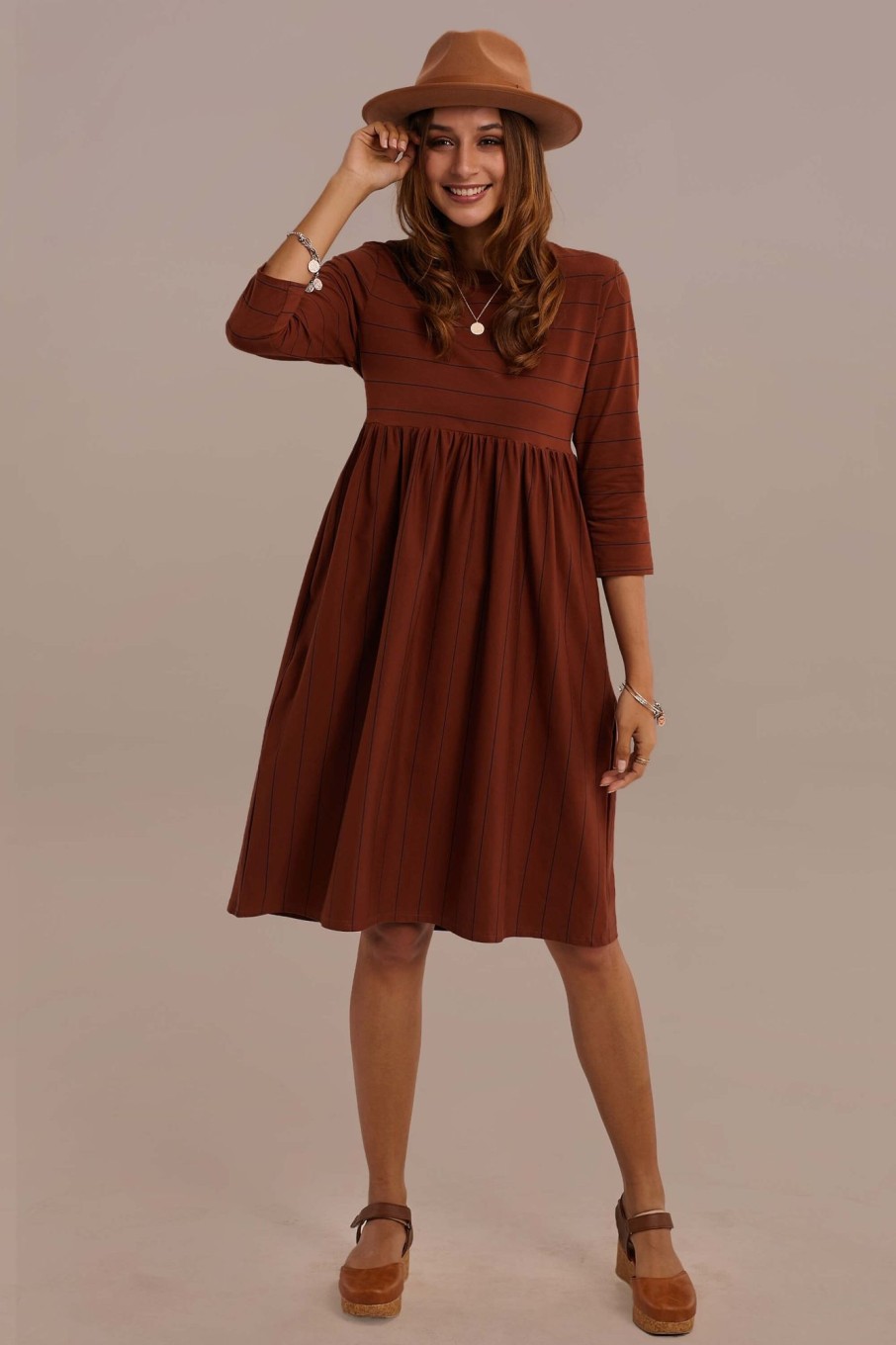 Best 3/4 Length Sleeve Round Neck Natural Stripe Midi Mom Dress With Pocket