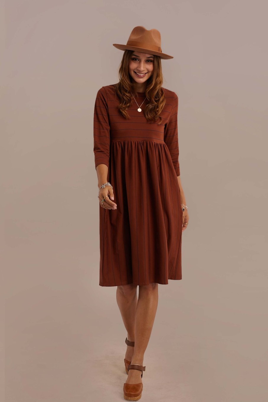 Best 3/4 Length Sleeve Round Neck Natural Stripe Midi Mom Dress With Pocket