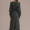 Hot Floral Long Sleeve V Neck Midi Dress Black