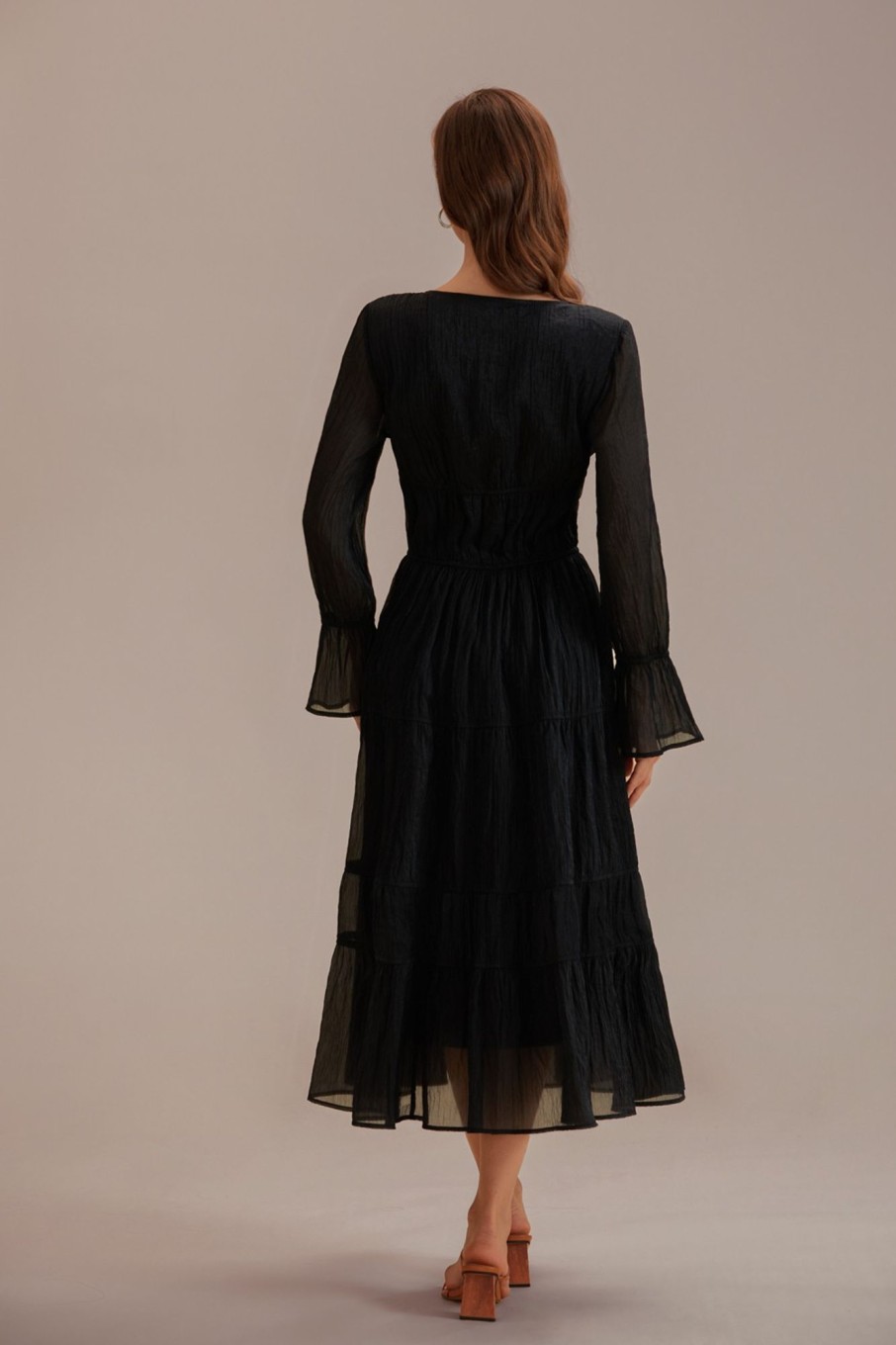 Online Long Sleeve V Neck Smocked Maxi Dress Black