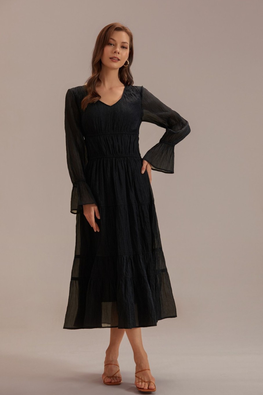 Online Long Sleeve V Neck Smocked Maxi Dress Black