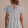 Wholesale Dot Textured Print Ruffled Round Neck Top Baby Blue