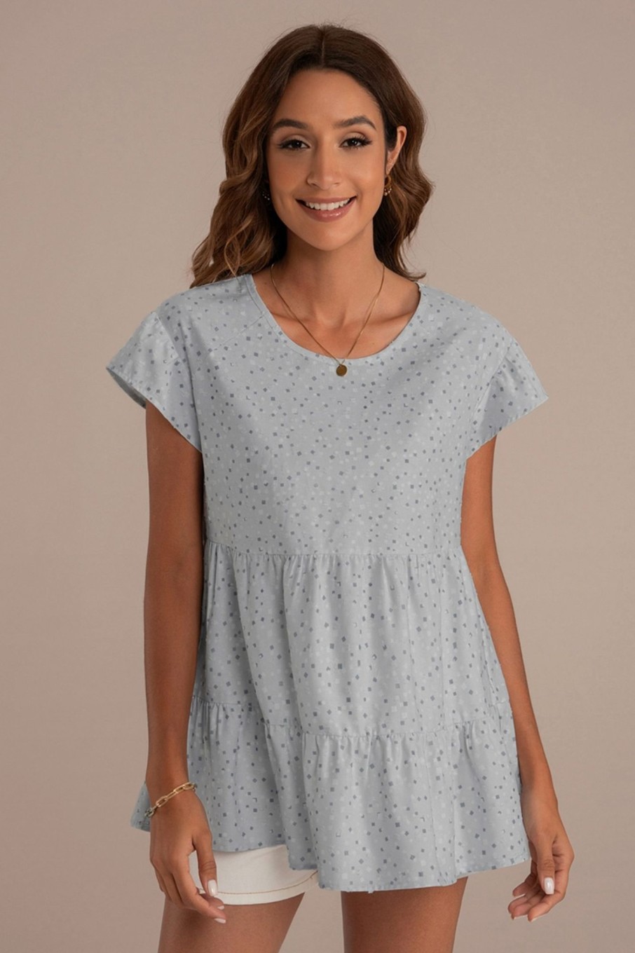 Wholesale Dot Textured Print Ruffled Round Neck Top Baby Blue