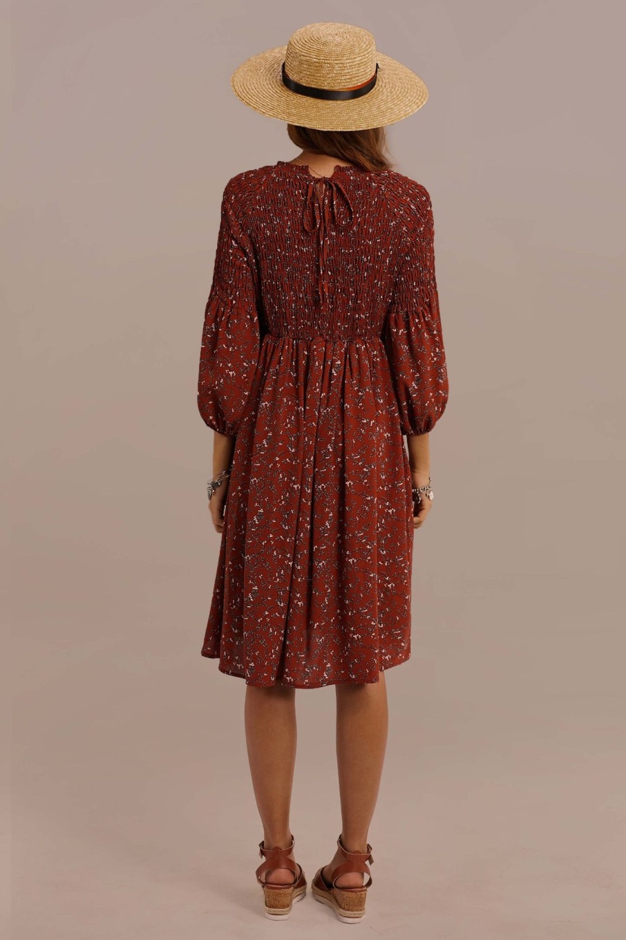 Hot 3/4 Length Sleeve Knee Length Floral Dress Rust