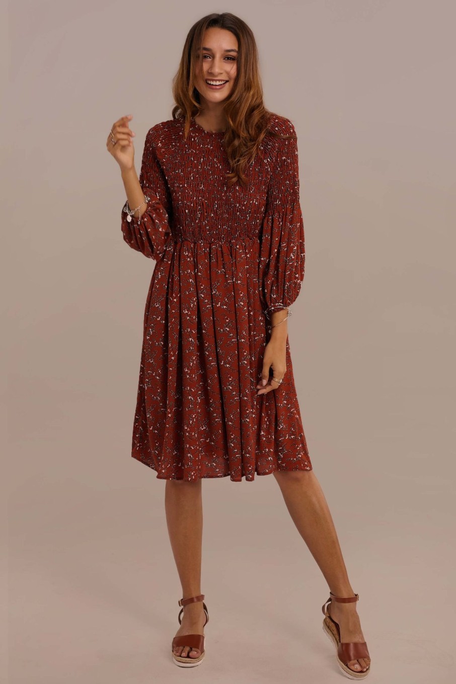 Hot 3/4 Length Sleeve Knee Length Floral Dress Rust