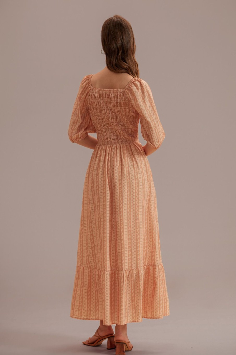 Wholesale Half Sleeve Square Neck Smocked Maxi Dress With Pockets Camel