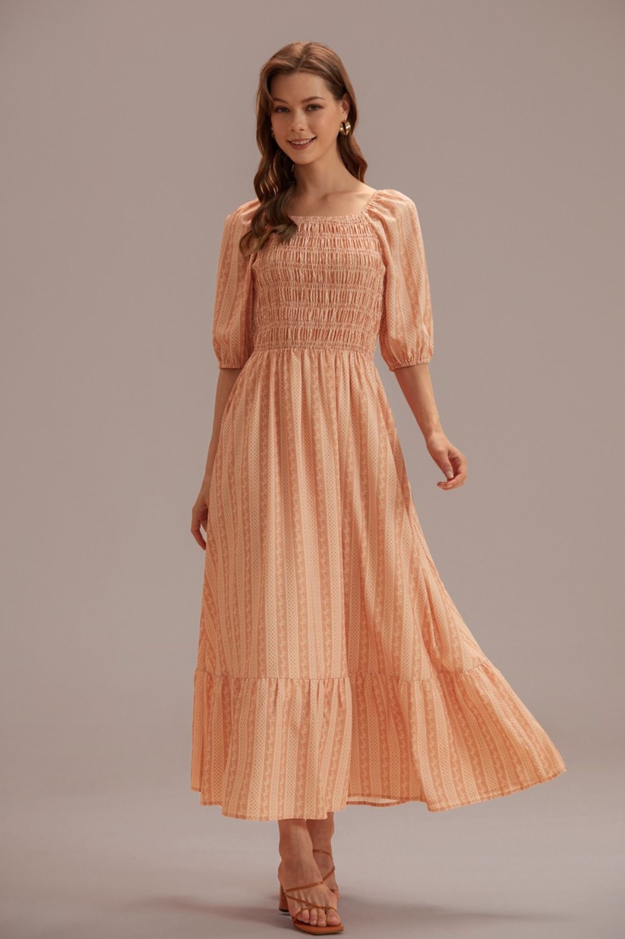 Wholesale Half Sleeve Square Neck Smocked Maxi Dress With Pockets Camel