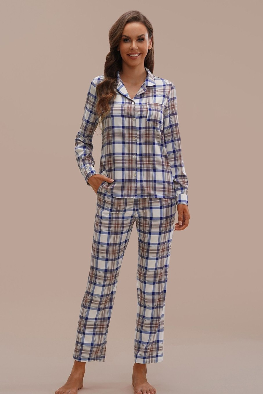 New Casual Plaid Long Sleeve Collared Neck Buttons Pj Set Multi