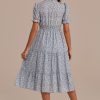 Online Floral Short Sleeve High Ruffle Neck Smocked Tiered Midi Dress Blue Floral