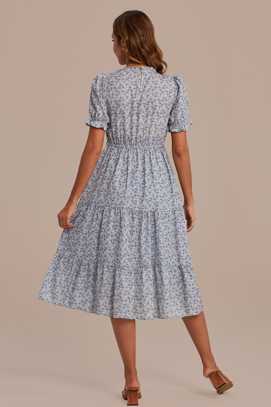 Online Floral Short Sleeve High Ruffle Neck Smocked Tiered Midi Dress Blue Floral