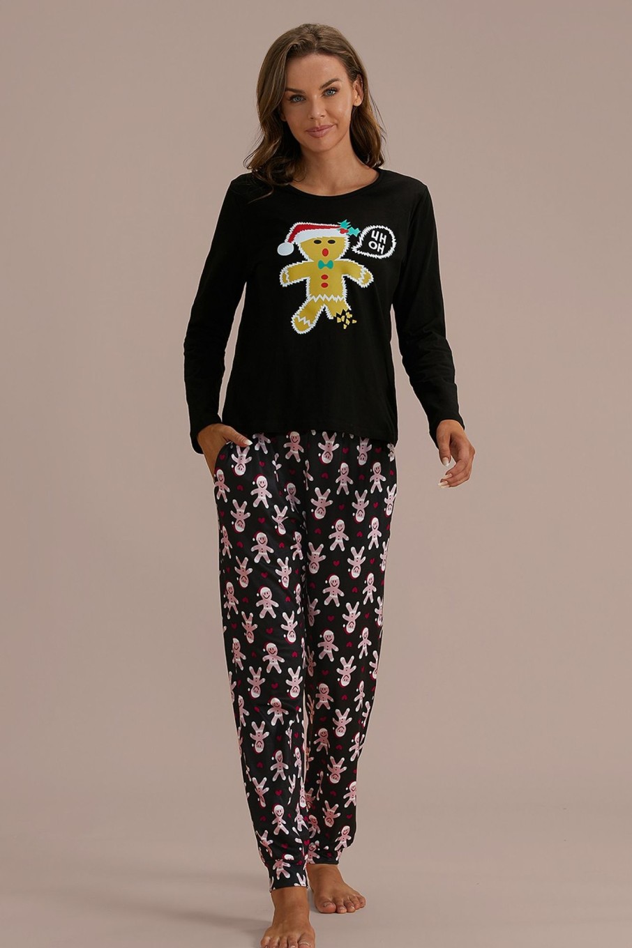 Online Gingerbread Man Long Sleeve Round Neck Pj Set Black