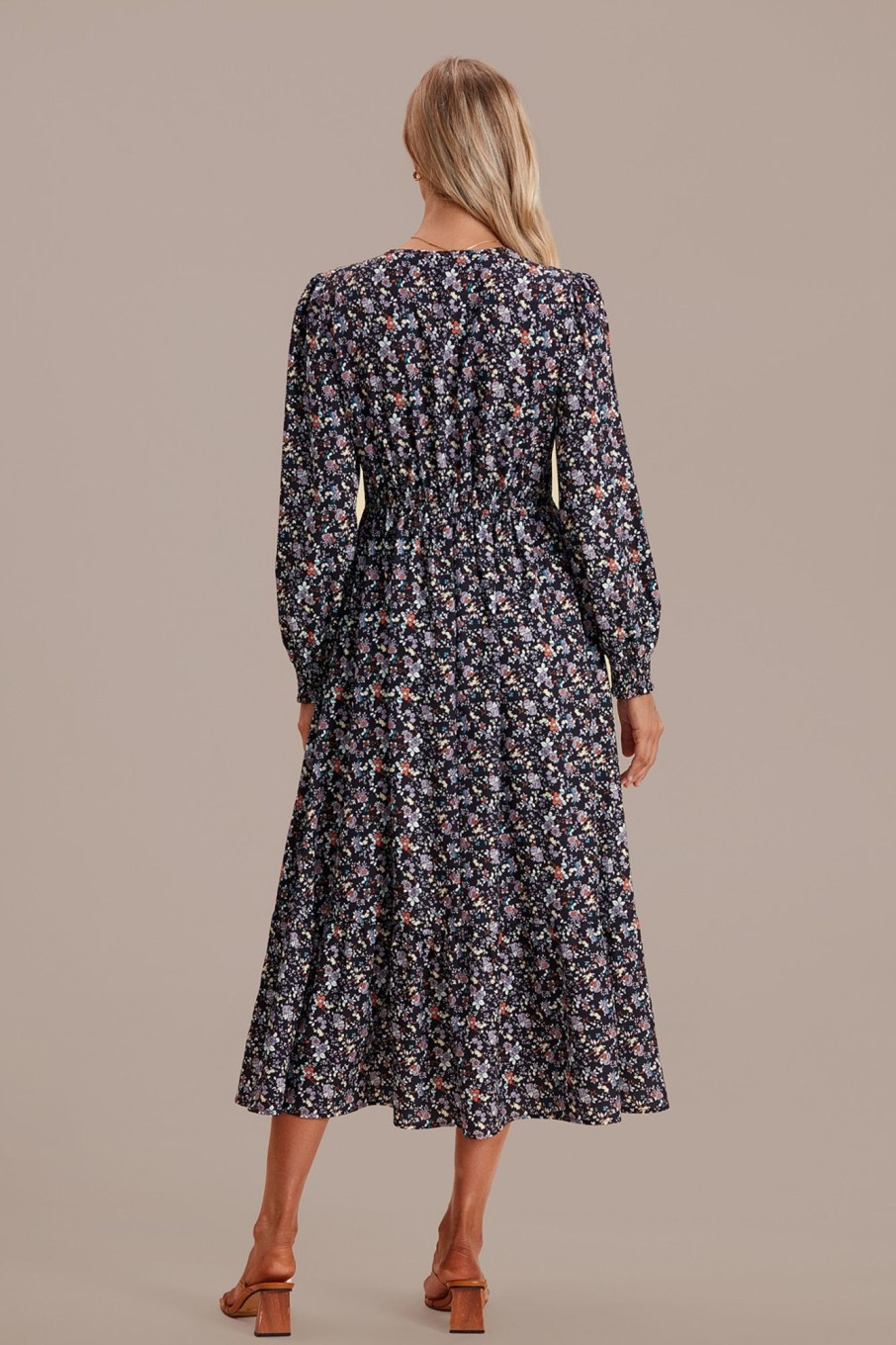 Online Long Sleeve Round Neck Button Front Tiered Midi Dress Floral