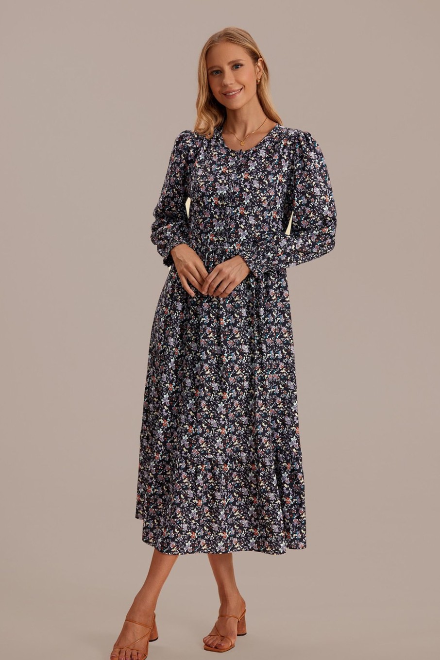 Online Long Sleeve Round Neck Button Front Tiered Midi Dress Floral