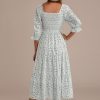 Wholesale Floral 3/4 Sleeve Square Neck Smocked Tiered Midi Dress Blue