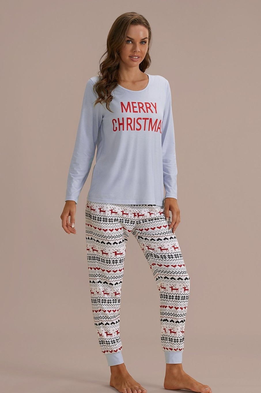 Online Merry Christmas Long Sleeve Round Neck Pj Set Gray