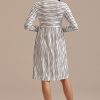 New Stripe 3/4 Length Sleeve Round Neck Midi Dress Ivory