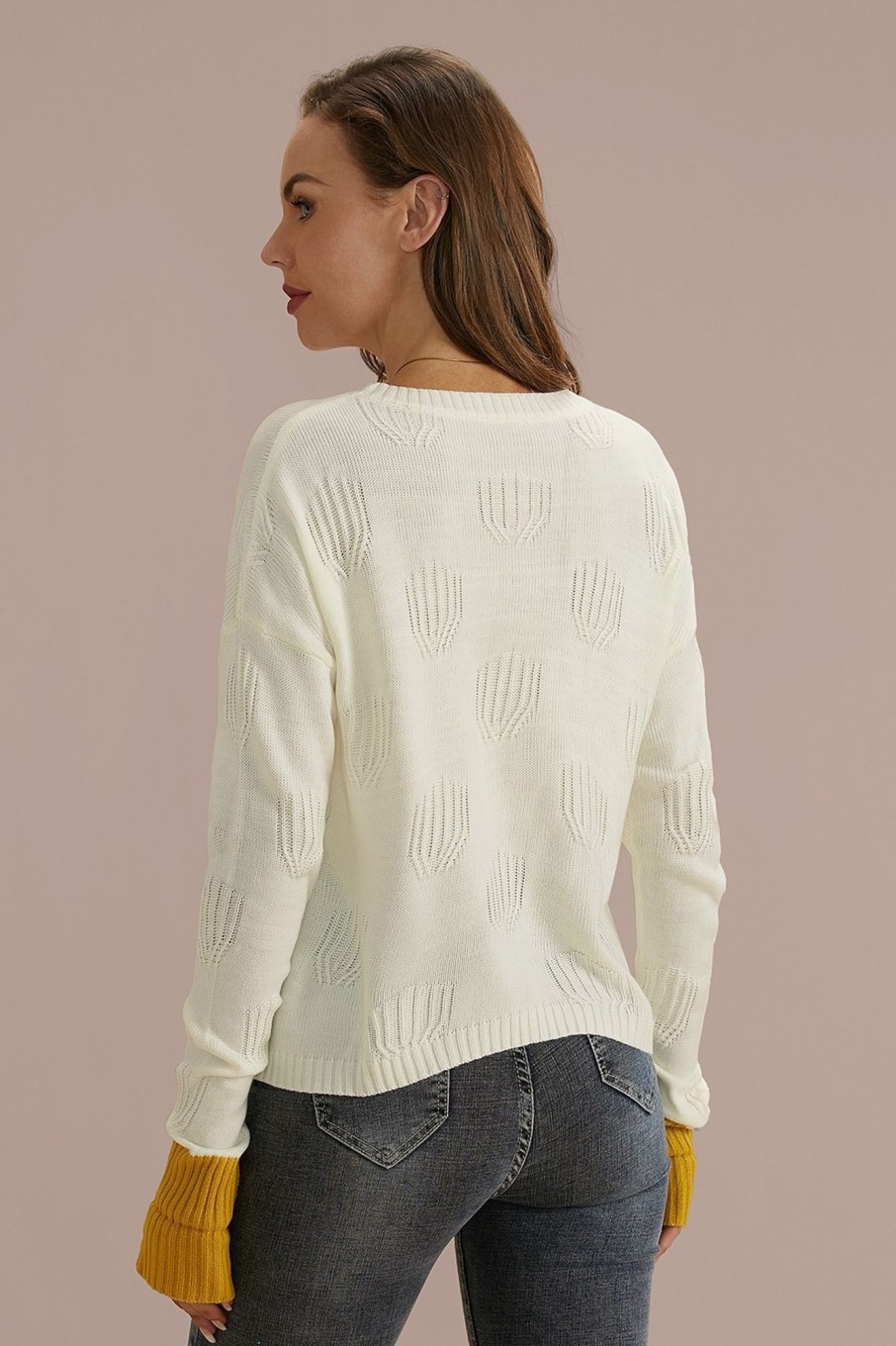 Online White High Neck Long Sleeve Knit Sweet Fall Sweater As Picture