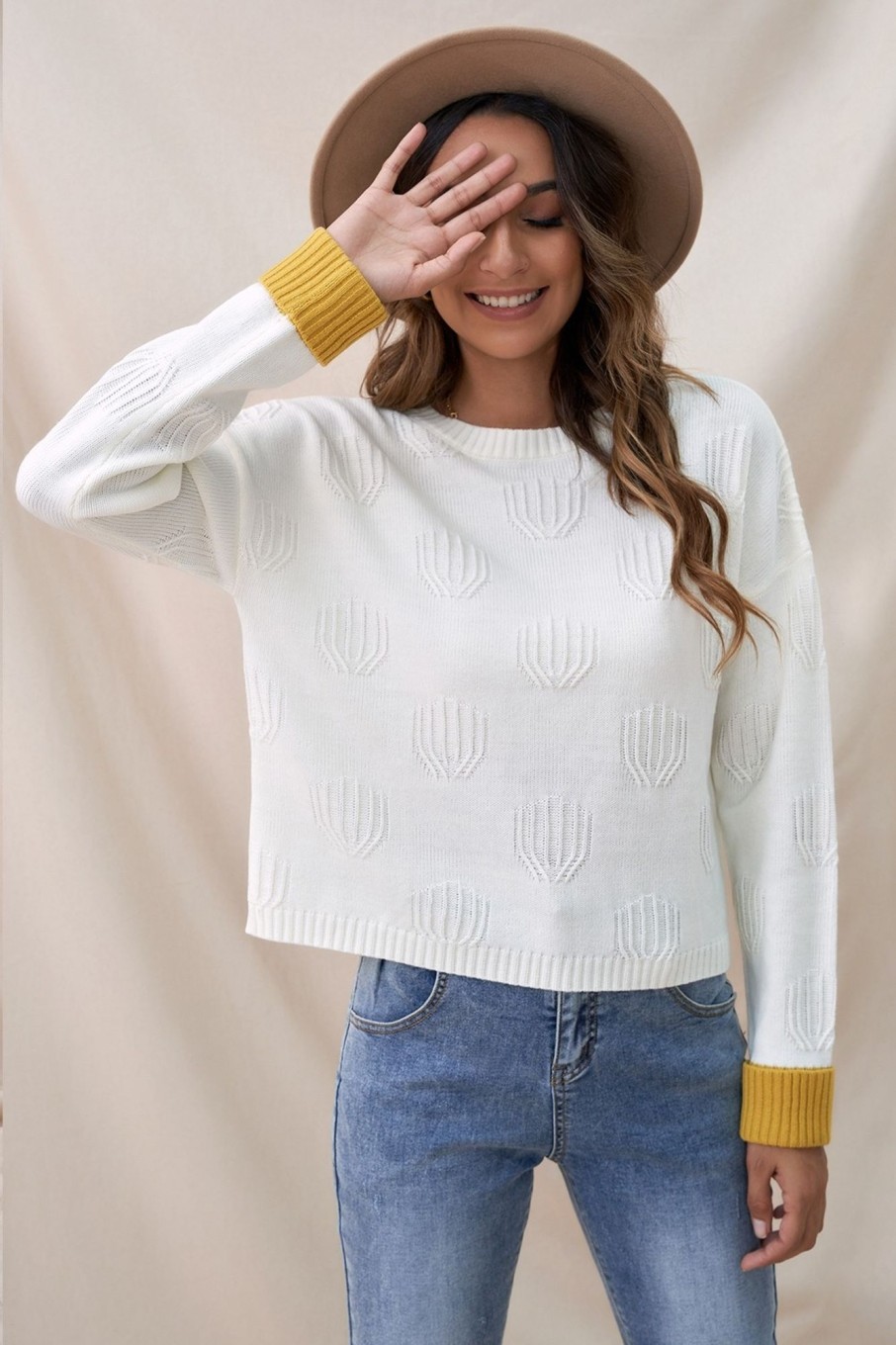 Online White High Neck Long Sleeve Knit Sweet Fall Sweater As Picture