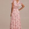 Best Floral Short Sleeve Cross V Neck Irregular Maxi Dress Pink