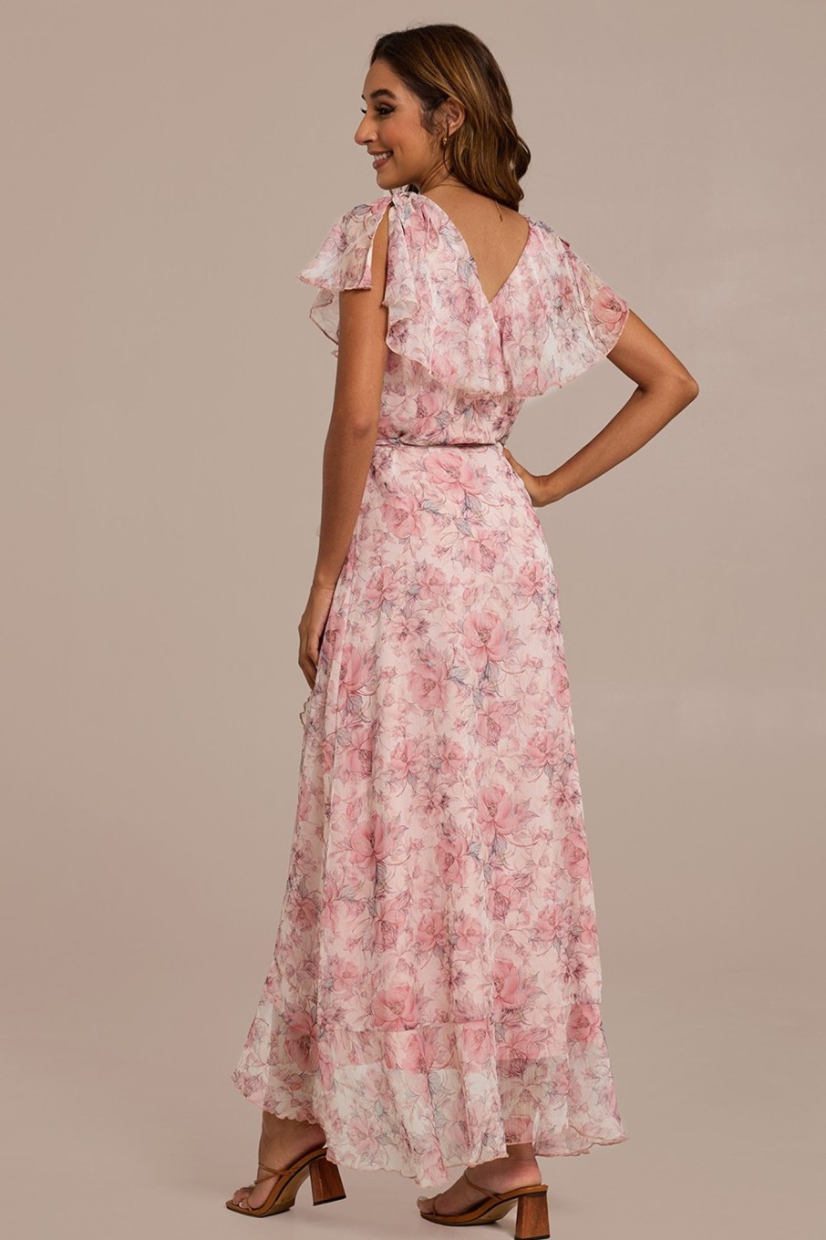 Best Floral Short Sleeve Cross V Neck Irregular Maxi Dress Pink