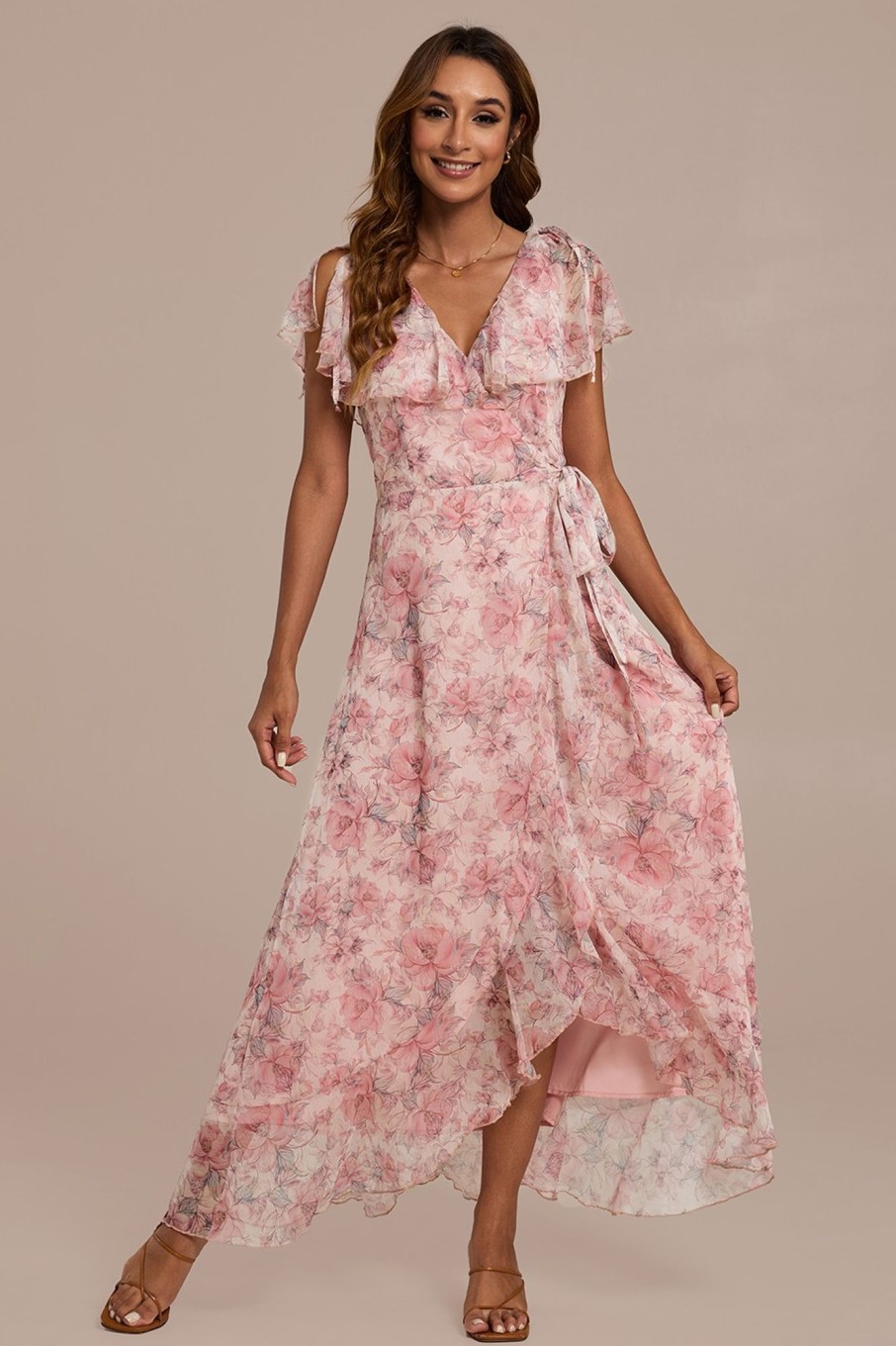 Best Floral Short Sleeve Cross V Neck Irregular Maxi Dress Pink