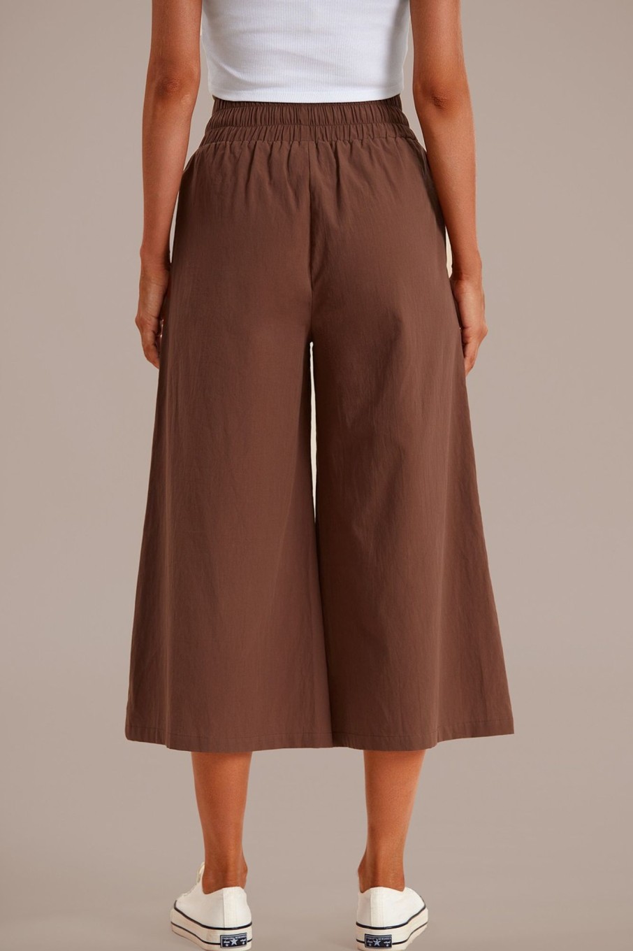 Clearance Drawstring Waist Wide Leg Pants Brown